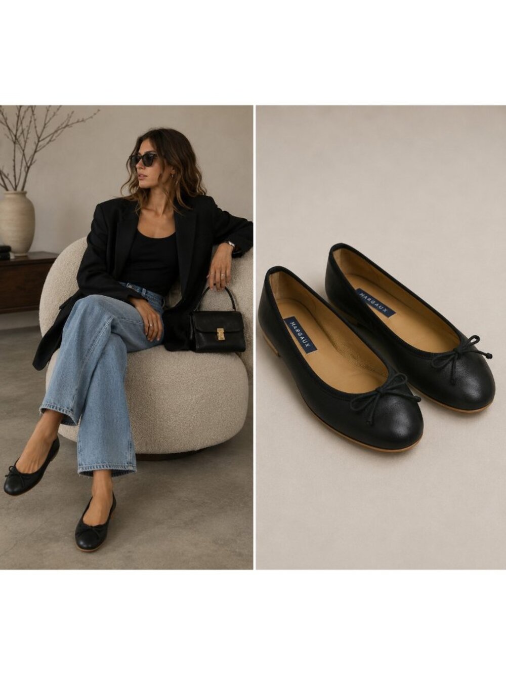 Margaux Demi Black Leather Ballet Flats Bow Round Toe Slip On Shoes Women 7.5 M